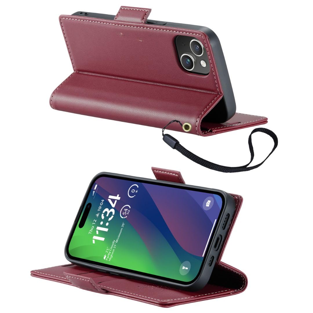 Bracevor Premium Design Flip Cover leather wallet case for iphone 14 Plus Red 3