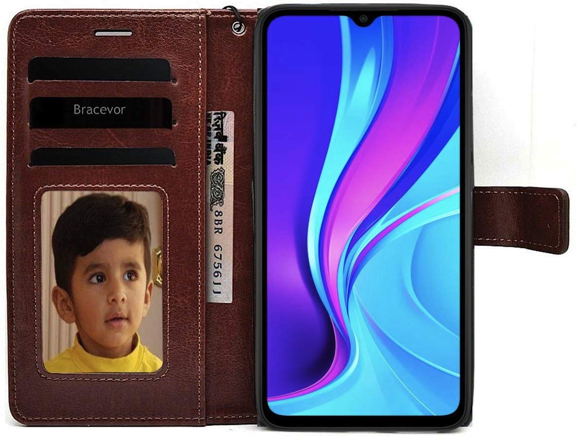 Bracevor Xiaomi Redmi 9 Flip Cover Case | Premium Leather | Inner TPU | Foldable Stand | Wallet Card Slots - Executive Brown