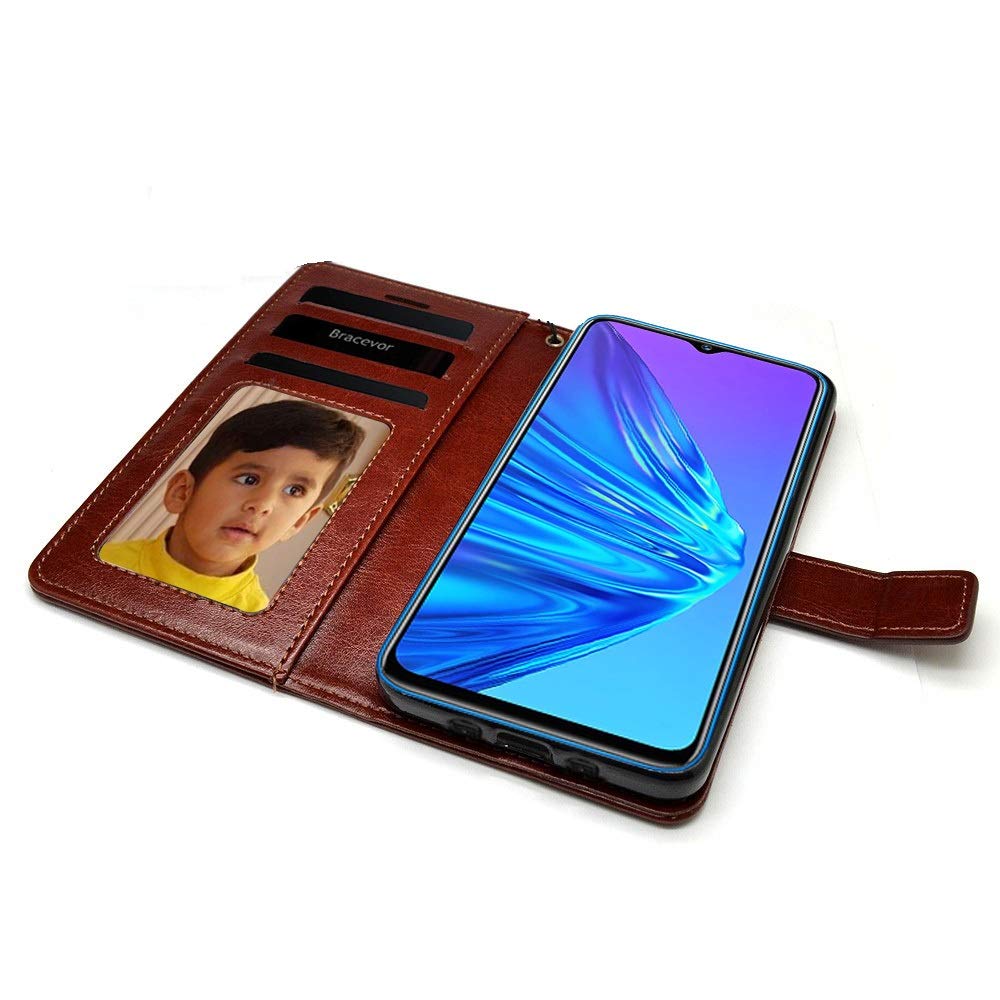 Bracevor Realme 5 | 5s Flip Cover Case | Premium Leather | Inner TPU | Foldable Stand | Wallet Card Slots - Executive Brown