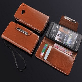 Glossy  Wallet Leather Case for HTC One M7 - Brown