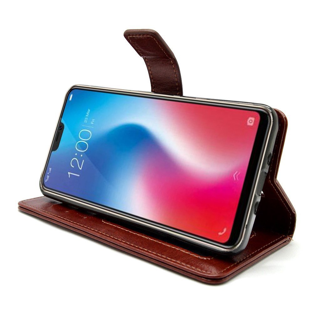 Bracevor Vivo V9 Flip Cover Case | Premium Leather | Inner TPU | Foldable Stand | Wallet Card Slots - Executive Brown