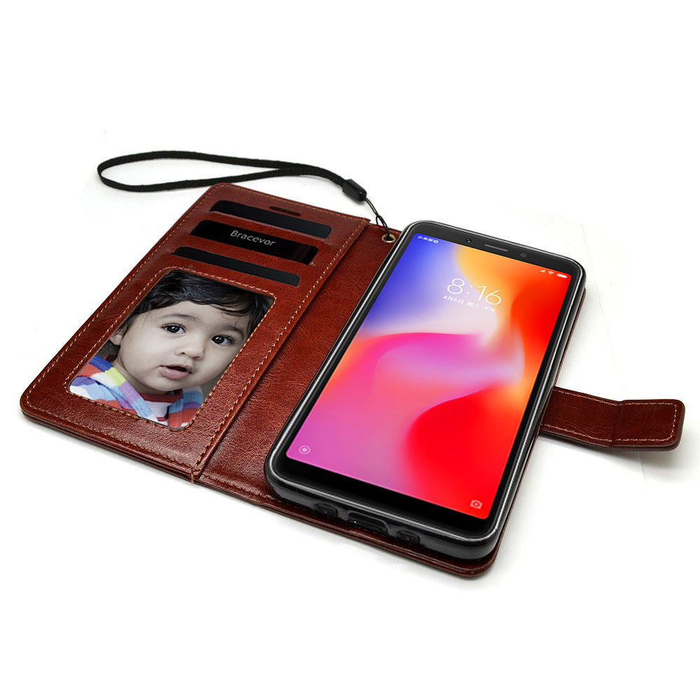 Bracevor Xiaomi Redmi 6A Flip Cover Case | Premium Leather | Inner TPU | Foldable Stand | Wallet Card Slots - Executive Brown