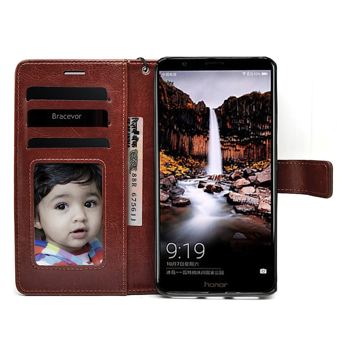 Bracevor Huawei Honor 7X Flip Cover Case | Premium Leather | Inner TPU | Foldable Stand | Wallet Card Slots - Executive Brown